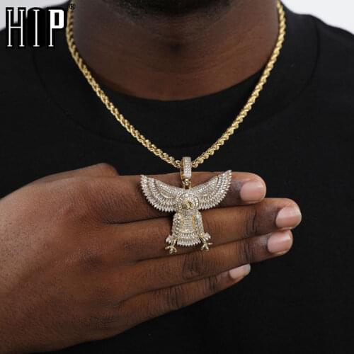 Hip Hop Bling Full Iced Out Baguette Solid Back CZ Eagle Cubic Zircon Necklace & Pendant For Men Jewelry Charm Tennis Chain