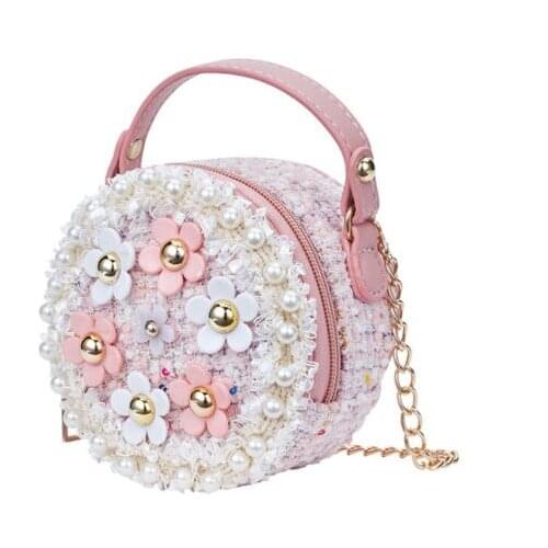 Girl Round Shape Floral Pearl Sling Shoulder Crossbody Handbag Bags Princess Purses