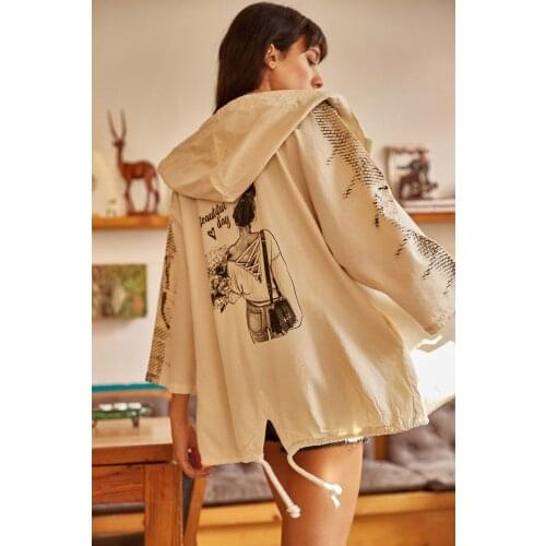 Womens Clothing Stone Ridge Printed Pattern Linen Jacket 100 Cotton Zipper Oversize Hooded Turkish Quality