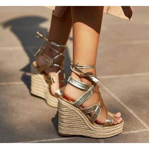 Moraima Snc Hot Selling Gold Leather Lace-up Wedge Sandal for Women Summer Peep Toe Rope Braided Platform Shoes Gladiator Sandal