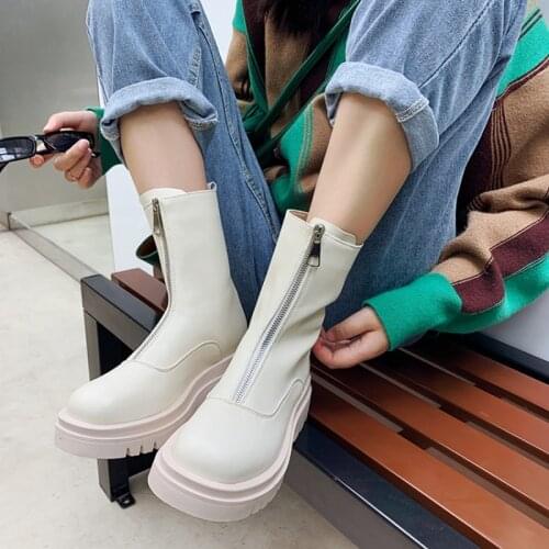 Chic Brand Front Zipper Women Motorcycle Boots Size 33-43 Beige Black Woman martins ankle boots Chunky Platform Round Toe Shoes