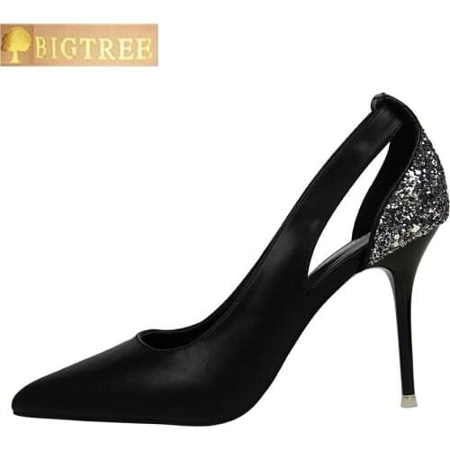 2018 New Arrival 2 Colors Elegant Office Shoes Womens Fashion Glitter PU Leather Pointed Toe Shallow High Heels Shoes for Women