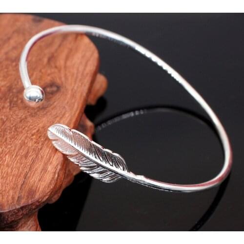 Elegant Feather Round Bead Bangles For Women Engagement Accessories Open Size 925 Sterling Silver Lady Bangle Girl Gift KOFSAC