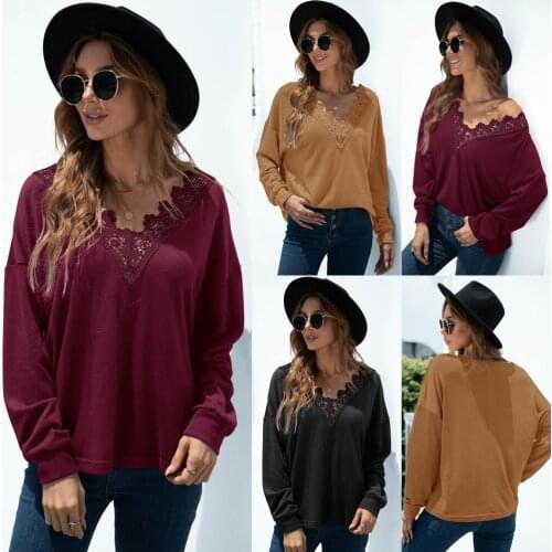 Womens Top Spring Autumn Solid Color Patchwork Lace T-Shirts V-Neck Long Sleeve T Shirts Woman Clothing Ropa Mujer Kawaii Tops