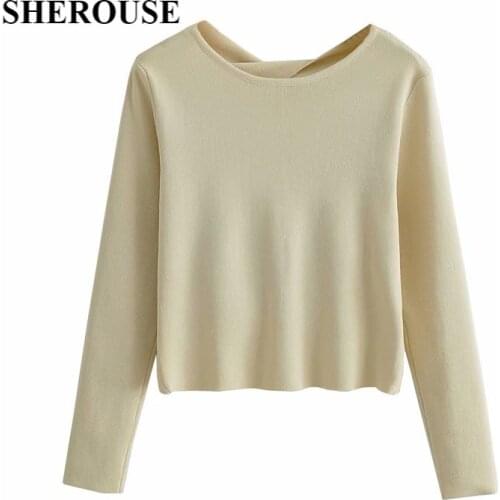SHEROUSE Women Fashion Hollow Out Backless Knit Sweater Top Casual Long sleeves Chic Lady Woman Knitwear Pullover Tops
