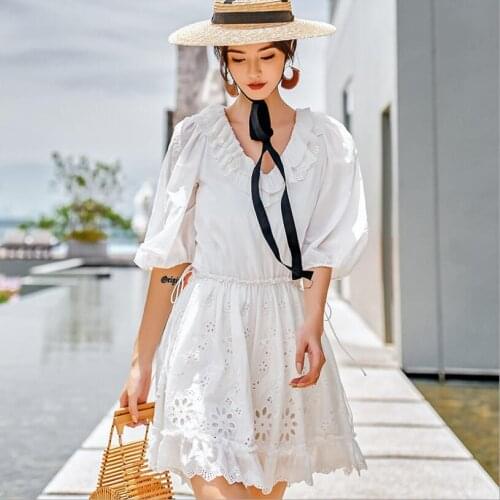 French fairy v-neck Hollow Out Beach Party dress 2020 summer new womens white Street Sexy Casual Slim dress