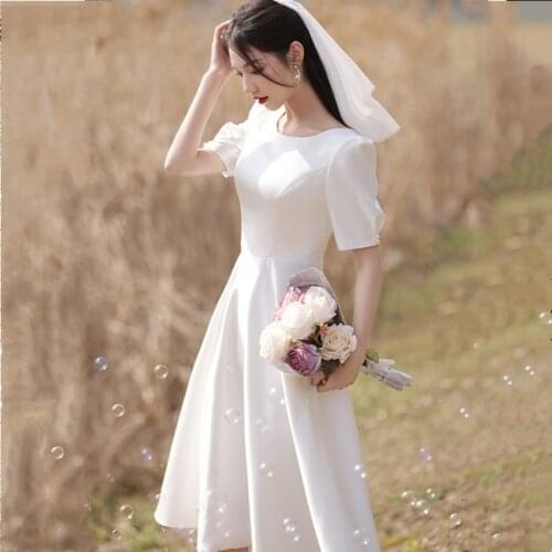 New Simple Satin Wedding Dress Knee Length Bride Travel Shooting Dress Daily Formal Graduation Birthday Party Gown Robe Mariee