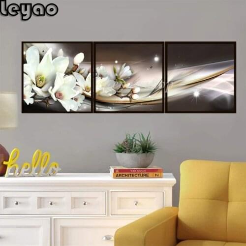 5D DIY Diamond Painting Triptych White Magnolia Full Square Diamond Embroidery Cross Stitch Rhinestones Pictures Mosaic Decor
