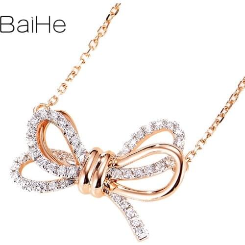 BAIHE Solid 18K White+Rose Gold 0.22ct H/SI Natural Diamonds Wedding Trendy Fine Jewelry Gift Exquisite bow diamond Necklaces