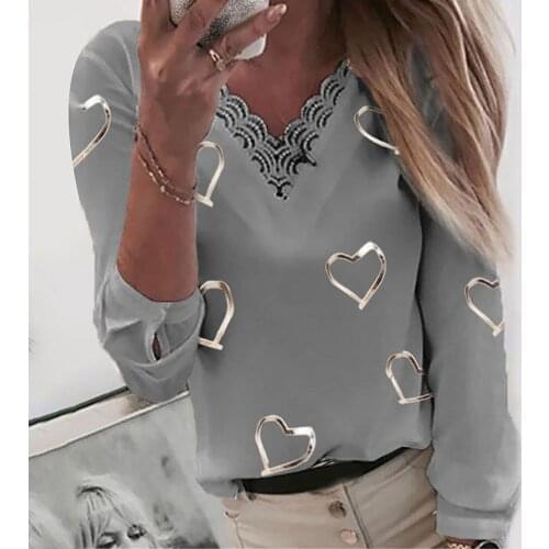 40# Lace Elegant Blouses Office Women Hearts Print Blouses V-neck Lace Patchwork Long Sleeve Shirts Top Blouses Женские Вещи
