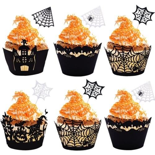 Black Hollow Out Cupcake Wrapper Halloween Castle Bat Witch Spider Web Cake Toppers For DIY Halloween Party Cake Decor Supplies