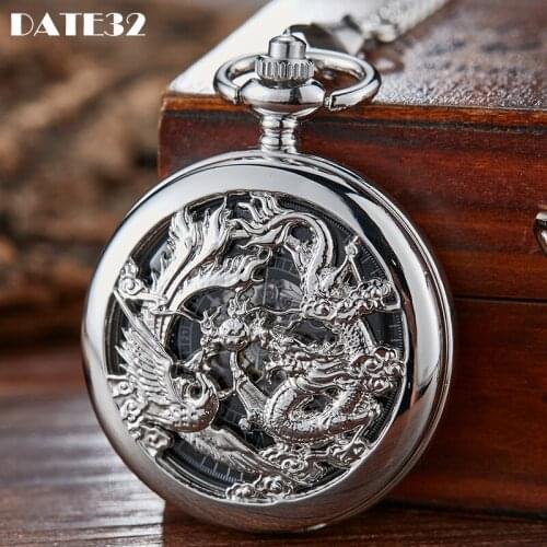 Roman Numerals Dial Mechanical Pocket Watch Antique Sliver Fob Chain Dragon Pattern Engraved Case Clock for Men Dropshipping