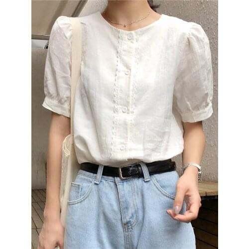 Design Sense Niche Short-sleeved Shirt Spring and Summer New French Fresh Hong Kong Style Puff Sleeve Retro Blouse Women