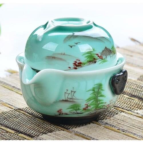 [GRANDNESS] Kung Fu Tea Set 1 Pot 1 Cup Longquan Celadon Gaiwan Handpainted Kung Fu Tea Set Gaiwan
