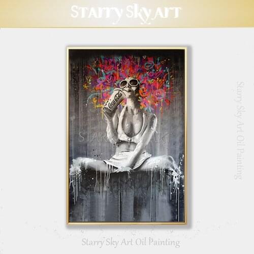 Artist Hand-painted Fashion Lady with Colorful Hair Acrylic Painting on Canvas Modern Street Graffiti Portrait Acrylic Painting