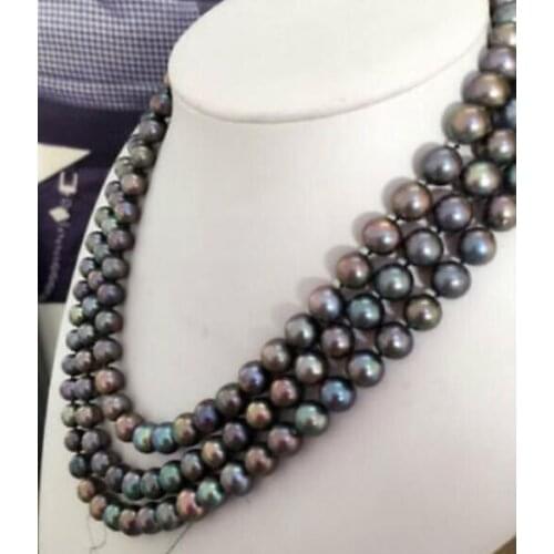 Beautiful 3row 10 mm tahitian tmultcolor pearl necklace17"-19"yellow clasp