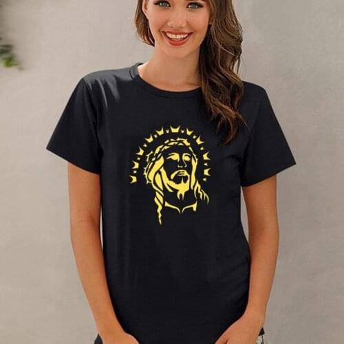 Sacred Jesus Head Portrait Gold Printing Hot Sale Style Women T Shirt I'm In Love with Jesus O-neck Black White Cotton Tee