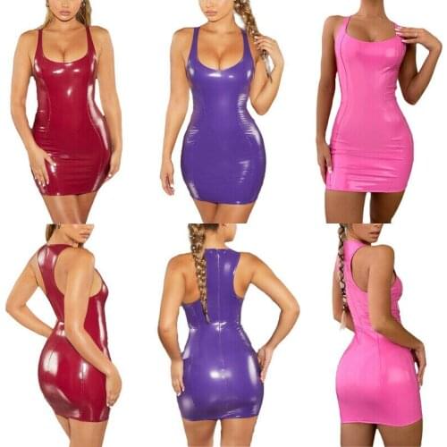 Fashion Sexy Women Solid Sleeveless Skinny Slim PU Leather Bodycon Short Mini Dress Wet Look Lingerie Club Wear