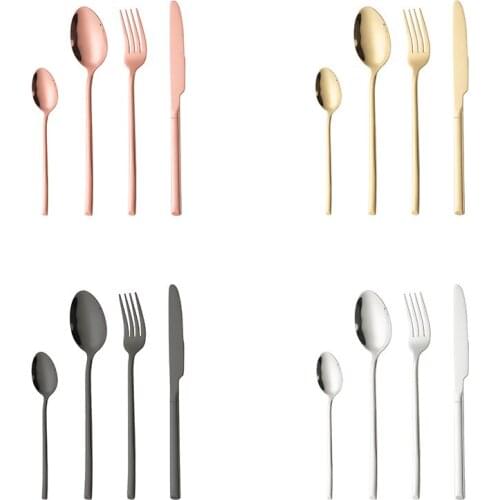 16pcs Gold Dinnerware Set Stainless Steel Black Dinnerware Set Knife Fork Spoon Teaspoon Cutlery Set Kitchen Silverware Set