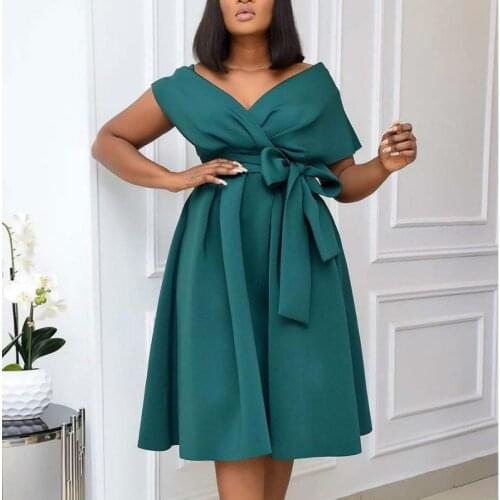 Women Party Dress V Neck with Waist Belt Bowtie Pleated A Line Occation Birthday Christmas Event Celebrate Fashion African XXXL
