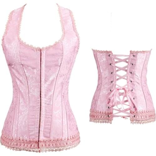 Pink Slimming Appliques Sexy Lingerie Overbust Corset Lace Up Steampunk Corset Bustier BodyShaper Halter Neck Corset
