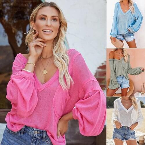 Sweaters Womens Clothing 2021 Casual Spring Autumn Long Lantern Sleeve Top Woman V-Neck Loose Pullovers Jersey Mujer Pull Femme