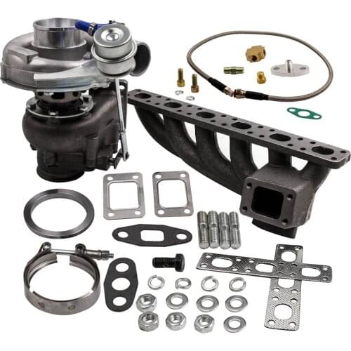 T04E T3/T4 A/R .63 400+HP TURBO CHARGER+WG OIL FEED+DRAIN LINE Exhaust Manifold for BMW E36 E46 320i/320Ci M52TUB20 6 Cylinder