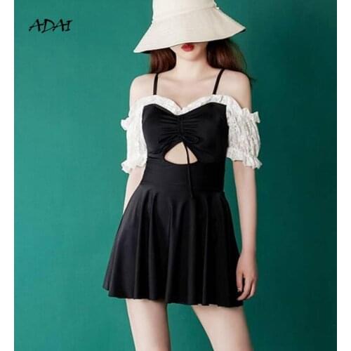 Vintage Ruffled Collar Off Shoulder Swimwear One Piece Swimsuit Women Sexy Bodysuit Monokini Patchwork Hollow Out Bathing Suit
