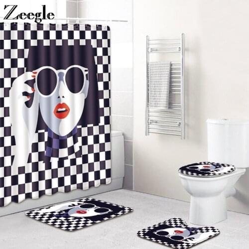 Zeegle Shower Curtain and Bath Mat Set Anti Slip Toilet Pedestal Rug Absorbent Bathroom Doormat Toilet Seat Cover Mat Toilet Set