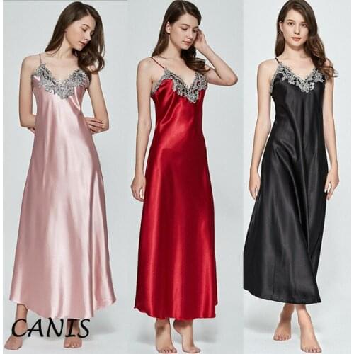Summer Autumn Women Sexy Sling Halter Satin V-Neck Long Nightdress Silk Lace Nightgown Sleepwear Robe Dress Babydoll Underwear