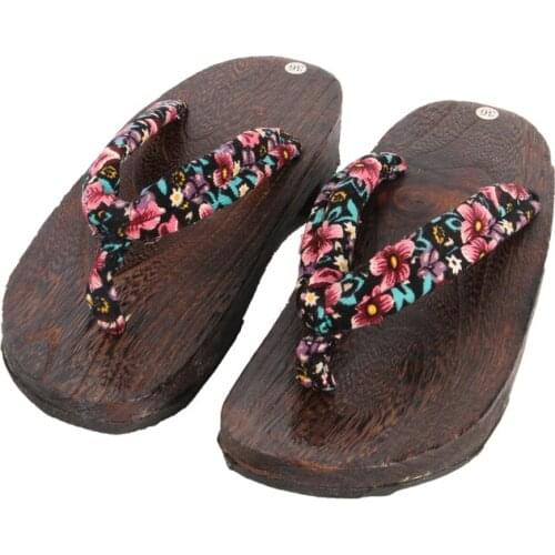 Womens Casual Summer Slippers Natural Wood Floral Prints Cotton Fabric Med Heel Sandals/Flip Flops Japan Geta Cosplay Shoes
