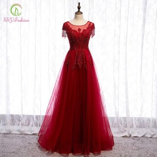 SSYFashion New Wine Red Evening Dress Banquet Elegant Lace Appliques Crystal Tassel Beading Long Prom Party Formal Gown Vestidos