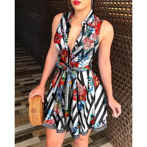 New Summer 2020 Sexy V-Neck Sleeveless Women Bandage Mini Dress Vintage Elegant Flowers Dress Slim Ladies Short Dresses Vestidos