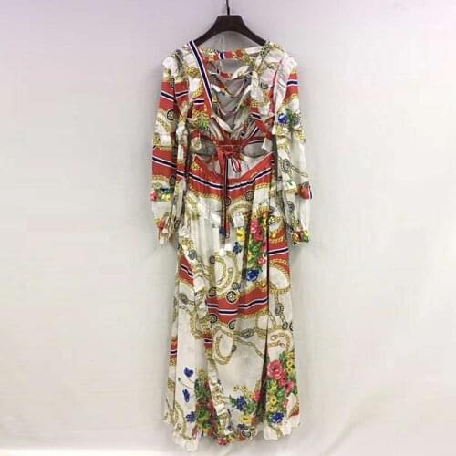 Women Runway Party 2021 High Quality Designer Long Sleeve Ruffles Backless Flower Print Bow Sping Dress