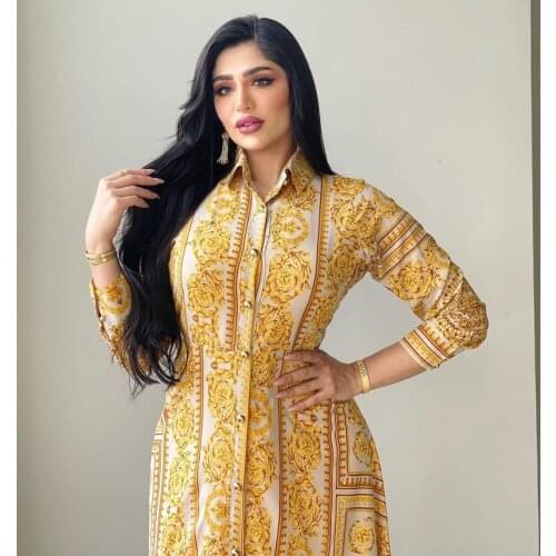 Plus Size Print Muslim Dress Women Kaftan Boho Shirt Dress Abaya Dubai Caftan Marocain Evening Dresses Long Sleeve Maxi Vestidos