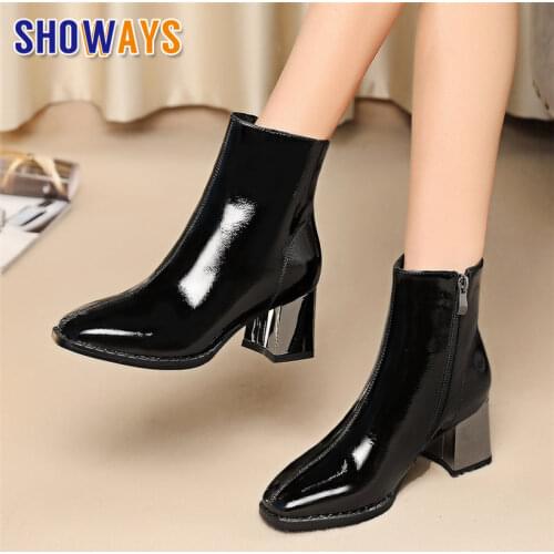 Winter Plush Women Ankle Boots Black White Patent Leather 6cm High Chunky Heels Casual Office Lady Square Toe Zipper Short Boots