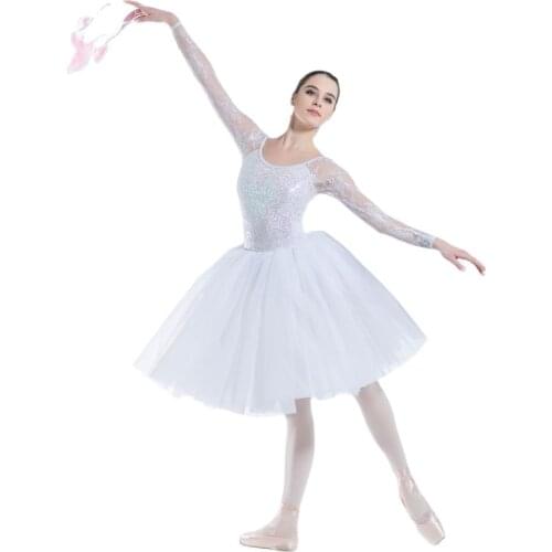 19501 White Sequin Lace Bodice Ballet Dance Costume Balletwear Performance Dance Tutu Long Sleeve