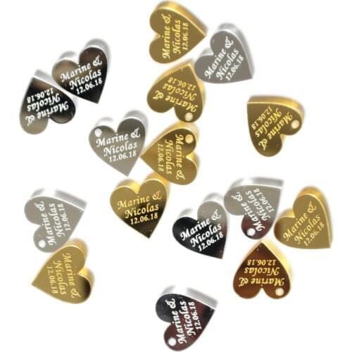50Pcs Personalized Engraved Mr & Mrs Gold Mirror Acrylic Love Heart Wedding Party Table Centerpieces Decoration Favors Gift Tag
