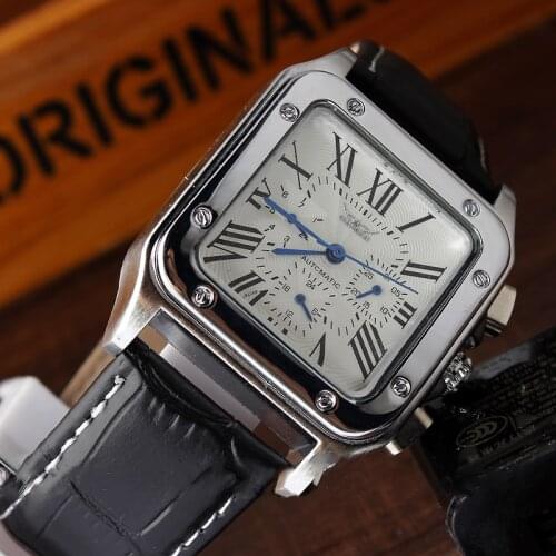 Creative Square Mechanical Watch Automatic Self-Winding Roman Numerals Leather Strap Wrist Watch Men Calendar Clock Gifts