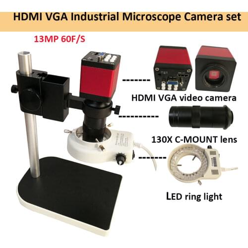 Digital HDMI VGA Industrial Microscope Camera video Microscope sets HD 13MP 60F/S+130X C mount lens+LED ring Light +metal stand