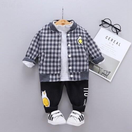 Children Sports Suit Boys Fall Winter Plus Plaid Sweater Jacket Cotton Top Pants 3pcs Children Clothes Toddler Baby Boy Clothes