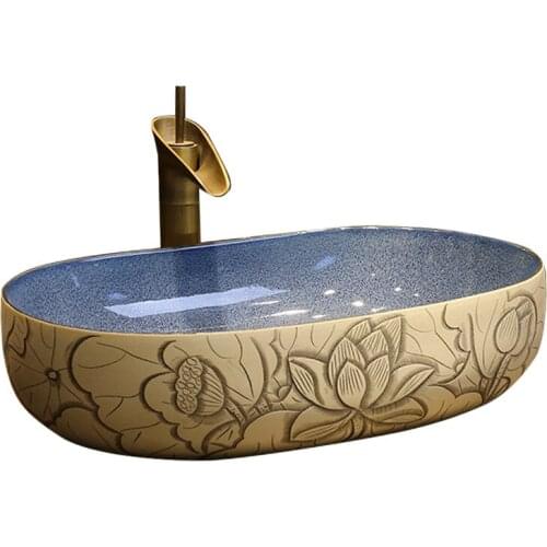 Porcelain Material Chinese Hand-Carved Lotus Art Ceramic Bathroom Sink