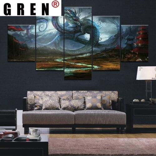 GREN Natural Home Decor 5 Piece HD Burly blue dragon Posters and Prints Painting For Living Room Decoration Pictures Home Decor