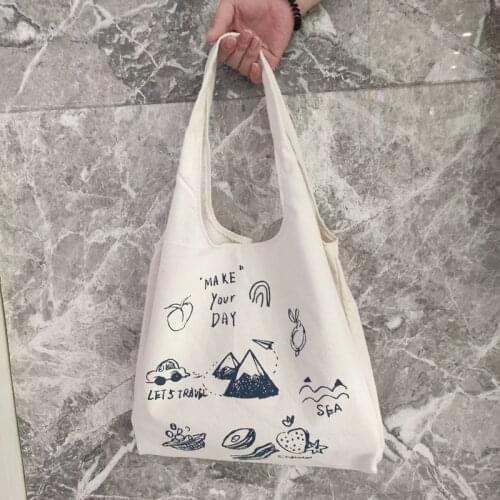 Women Canvas Shopping Bag Literary Vintage Print Female Cloth Shoulder Bag Korean Eco Handbag Tote Grocery Shopper Bags Book Bag