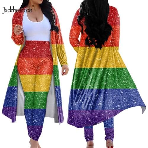 Jackherelook Long Sleeve 2 Set Outfits Open Front Cardigan Rainbow Pride Colorful Print Skinny High Waisted Long Pants Plus Size