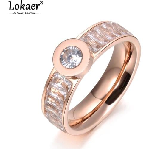 Lokaer Fashion Jewelry Stainless Steel Rhinestone Engagement Ring Black/Clear CZ Crystal Wedding Rings Drop Shipping R18045