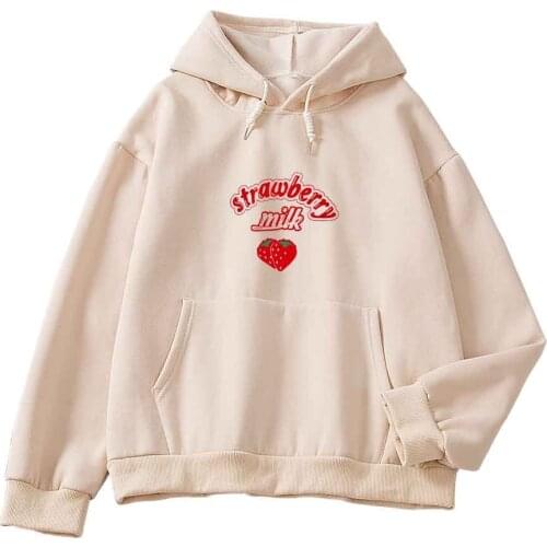 Strawberry Milk Kawaii Hoodies Fashion Hip Hop Streetwear Harajuku Graphic Clothes Kangaroo Pocket Sweatshirt Spring Autumn Top