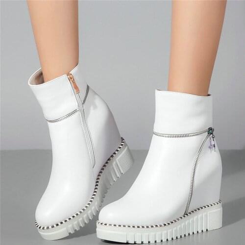 Fashion Sneakers Women Genuine Leather Wedges High Heel Platform Pumps Shoes Female High Top Round Toe Ankle Boots Casual Shoes