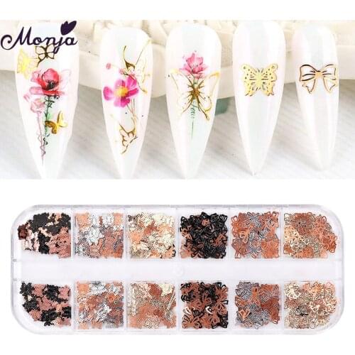 Monja 12 Grids/Box Nail Art Butterfly Shape Sequins Gold Silver Black Mixed Color 3D DIY Flake Manicure Decoration Accessories