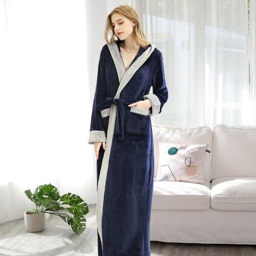 Hooded Man bathrobe Sexy Contrast Color Autumn/Winter Flannel mens Nightgown thickening Long Coral Velvet Couple Bathrobes